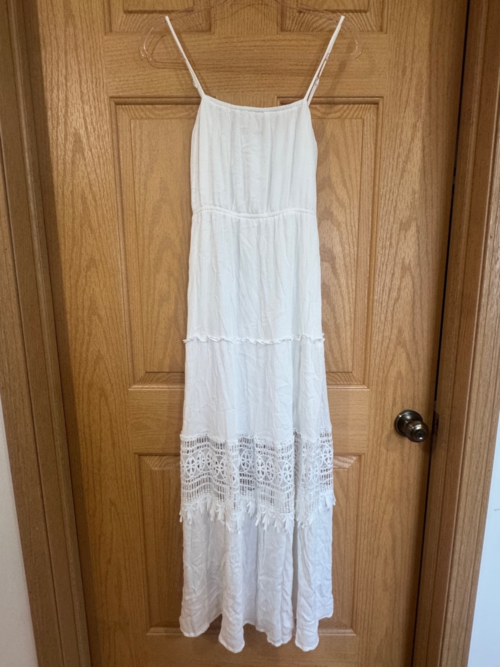 Fashion on Earth White Tiered Cami Maxi Dress Crochet Lace Eyelet Boho Large